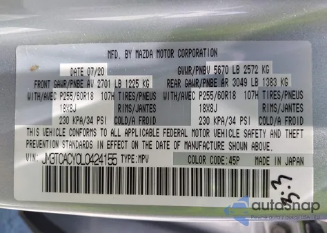 2020 Mazda Cx-9 Touring z USA, uszkodzony, nr VIN JM3TCACY0L0424155